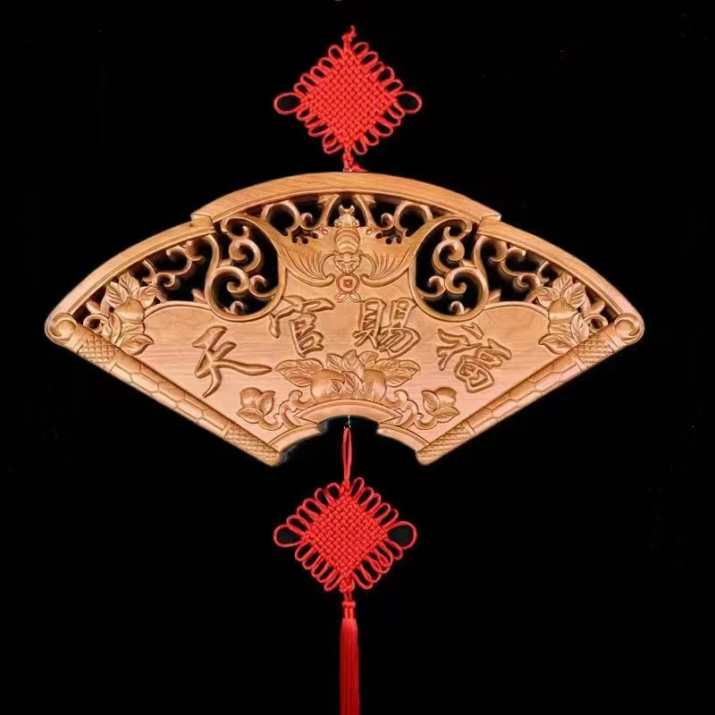 桃木扇形入户天官赐福挂件门贴八卦镜门对门木雕镂空中国结挂件