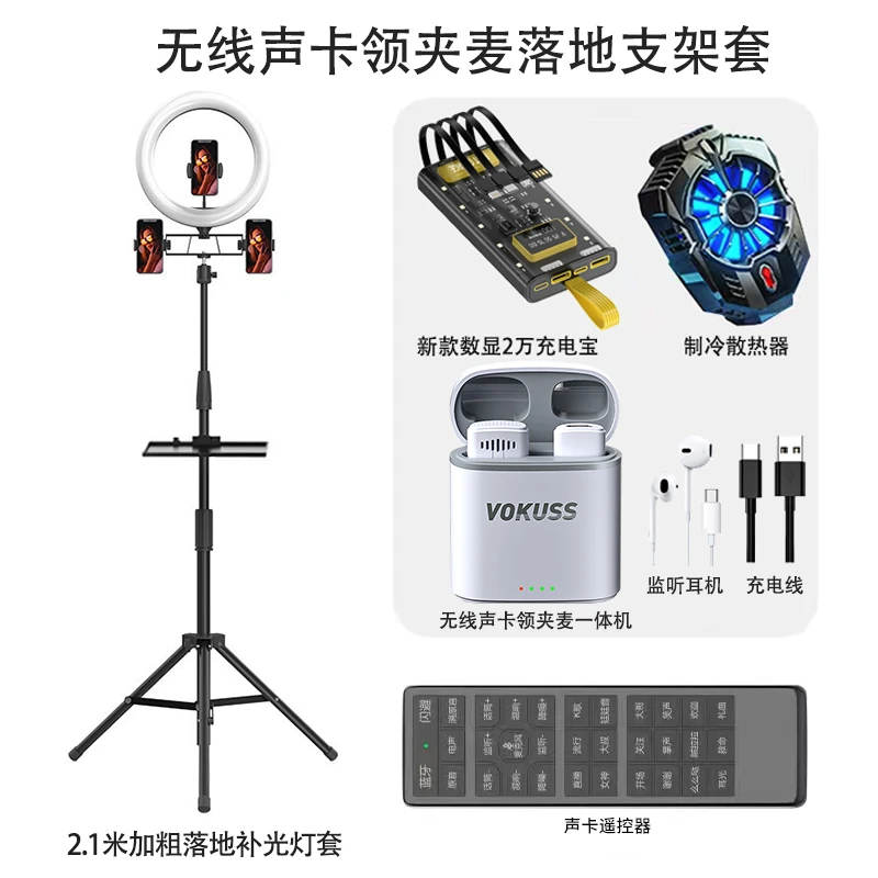 百科仕 直播设备全套加粗落地补光灯无线声卡领夹麦充电宝散热器