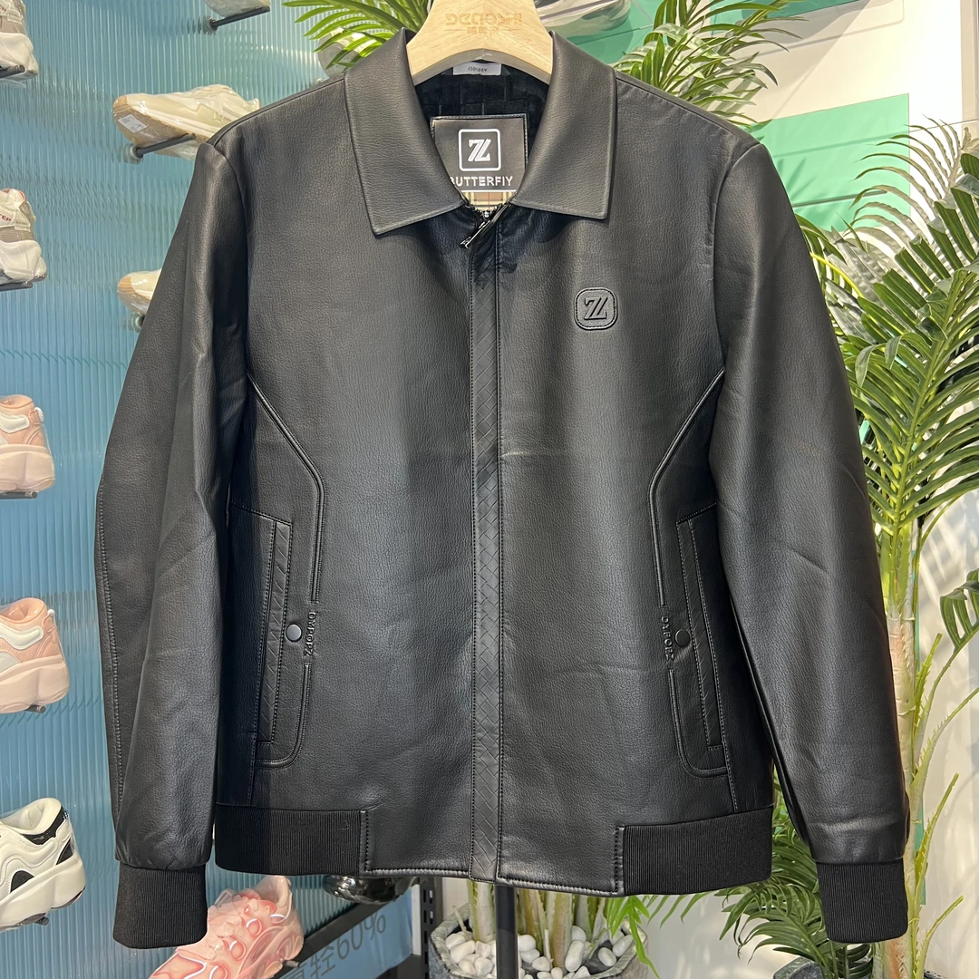 2024秋季新款男士休闲翻领皮衣夹克同款男装修身商务加绒外套