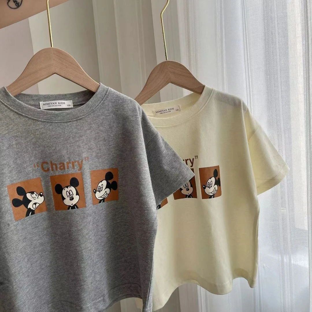 儿童T恤2024夏季薄款男女童卡通老鼠印花短袖T恤宝宝圆领打底衫潮