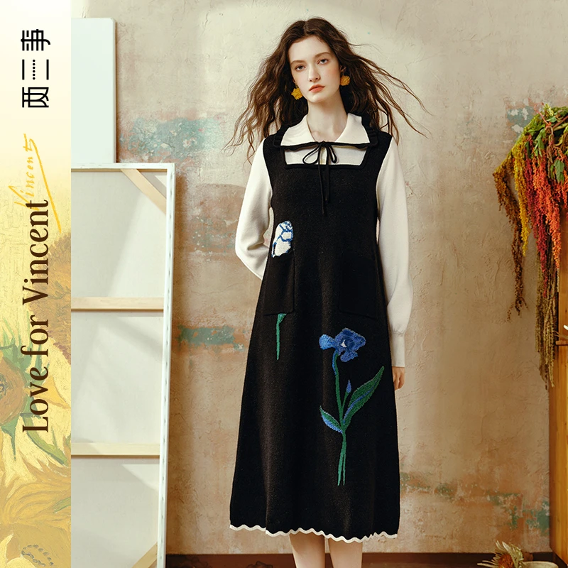 两三事梵高文艺月夜鸢语2024秋季新款毛巾绣假两件毛织连衣裙