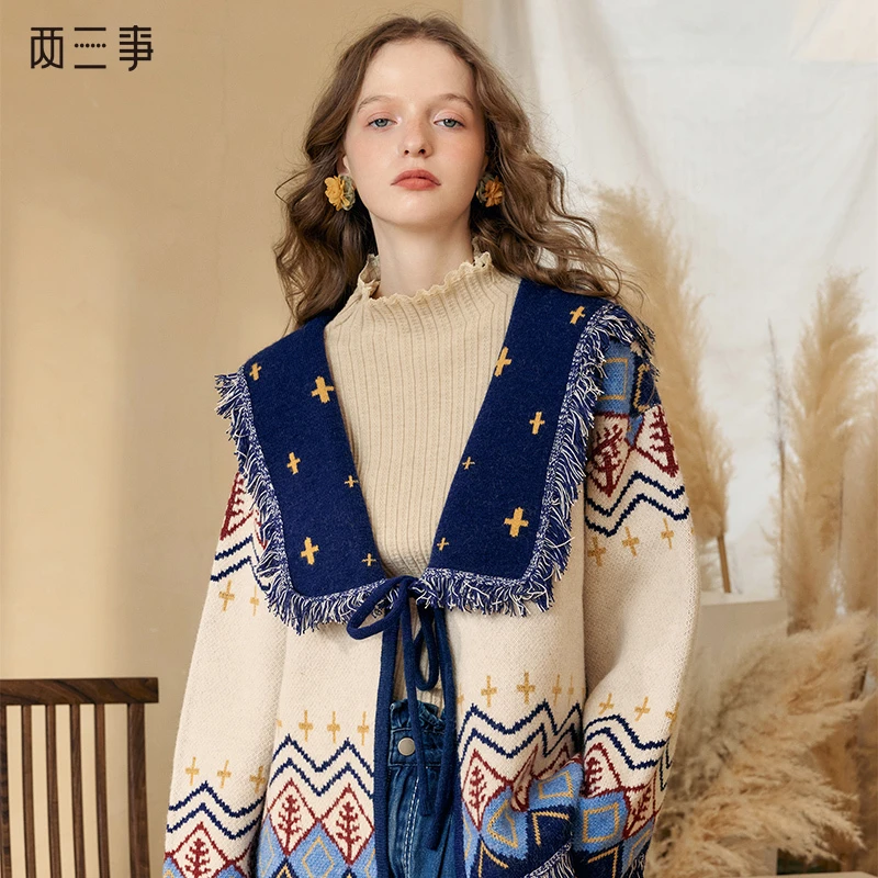 两三事塞北风絮2024冬季新款流苏海军领绑带费尔岛毛衣外套女宽松