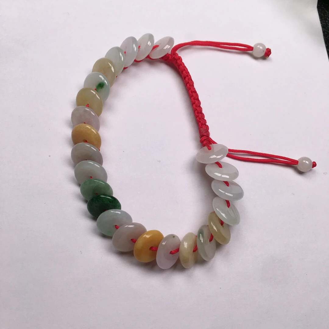 百年翡翠 a货翡翠多彩冰种平安扣手链 彩色手串