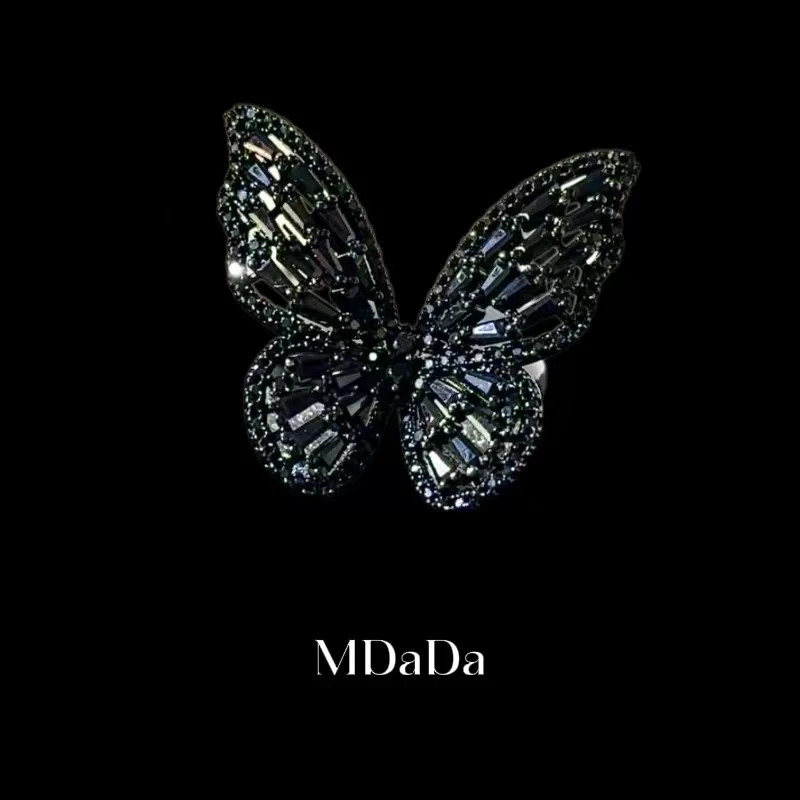 铜合金戒指 高级彩锆闪钻蝴蝶戒指女小众设计立体镂空灵动开口戒