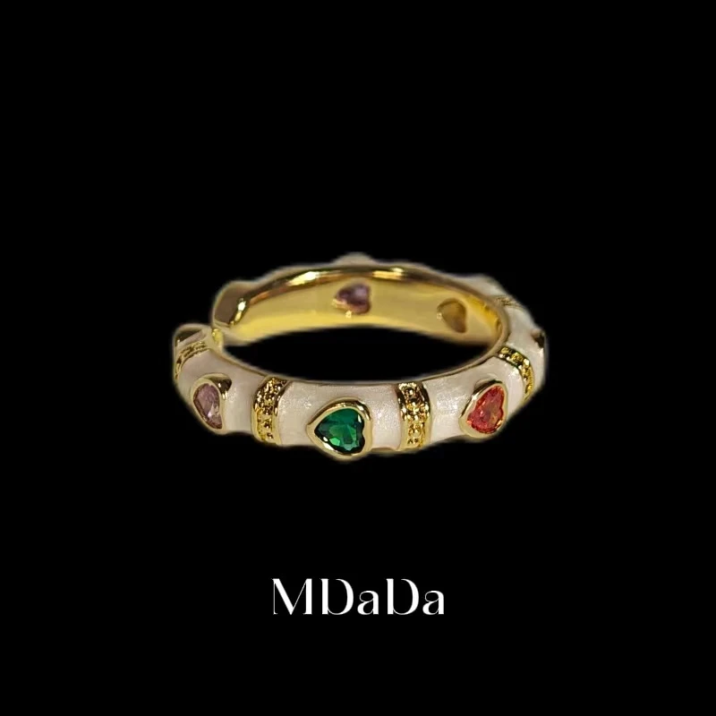 铜合金合成锆石戒指 高级感开口小众轻奢气质独特彩色珐琅风指环