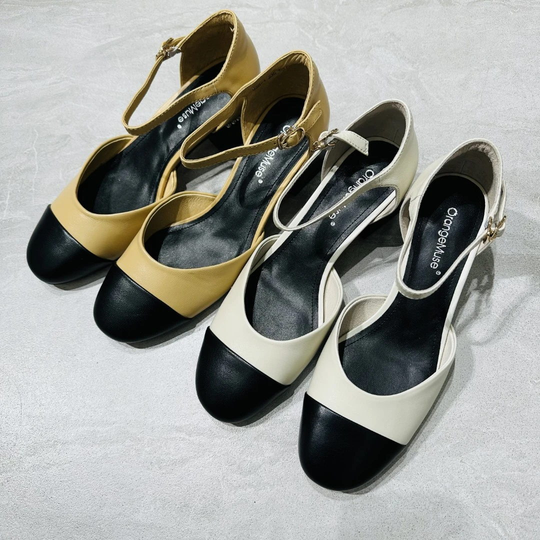 OrangeMuse 928-1珍珠法式拼接粗跟羊皮玛丽珍单鞋(跟高4.5cm)