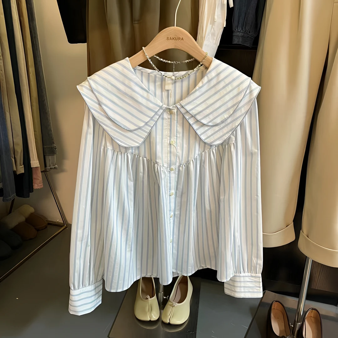 璎婲sᴀᴋᴜʀᴀ【远山黛色】岚韩版减龄双层娃娃领蓝条纹气质百搭衬衫