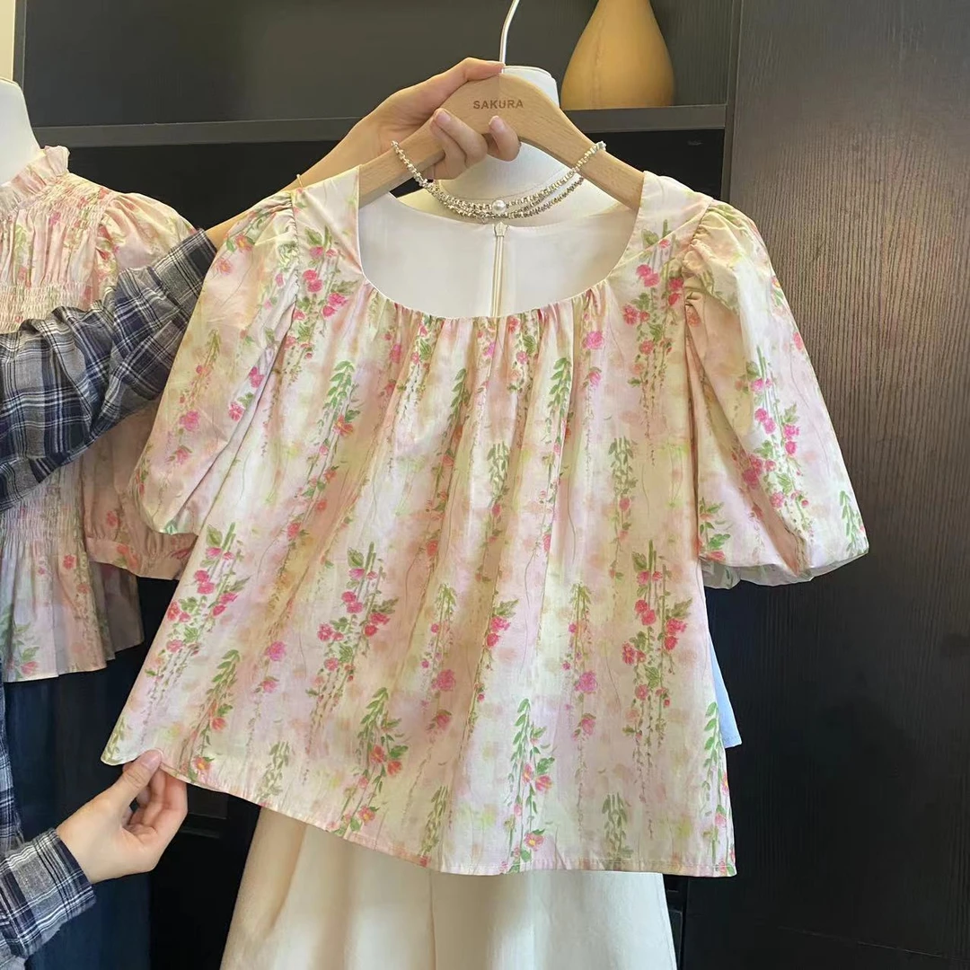璎婲sᴀᴋᴜʀᴀ【馥郁幽香】岚韩系碎花方领泡泡袖夏季宽松百搭甜妹衬衫