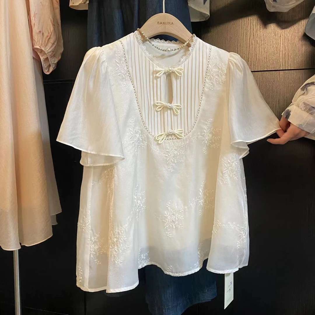 璎婲sᴀᴋᴜʀᴀ【未眠海棠】岚新中式盘扣超仙刺绣设计感小众压褶衬衫