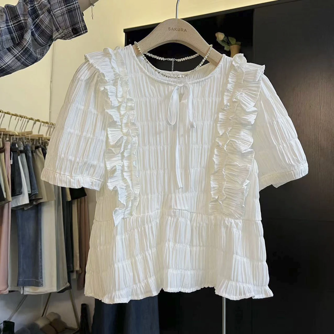 璎婲sᴀᴋᴜʀᴀ【白翎云裳】岚法式温柔甜美褶皱拼接荷叶边短袖系带衬衫