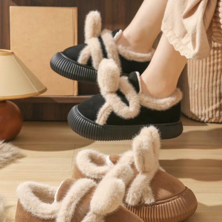 兔子棉鞋女冬季外穿百搭学生乐福豆豆鞋加绒保暖包跟棉拖鞋可爱棉