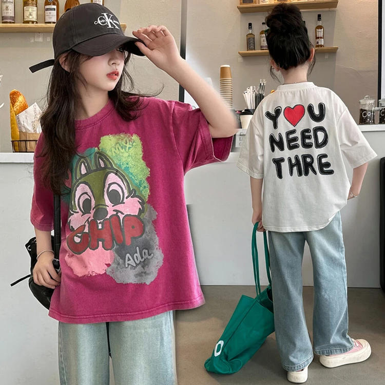 女童夏季短袖套装2024新款韩版儿童洋气宽松t恤休闲牛仔两件套潮