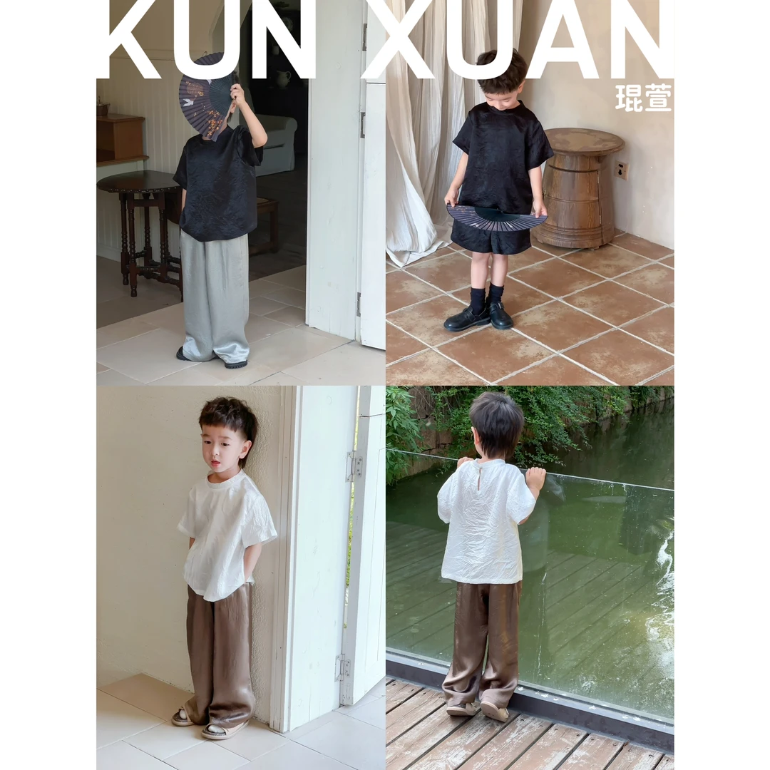 【琨萱】“黑白”夏款男童新中式国风100%醋酸百搭纯色短袖 SU57S108