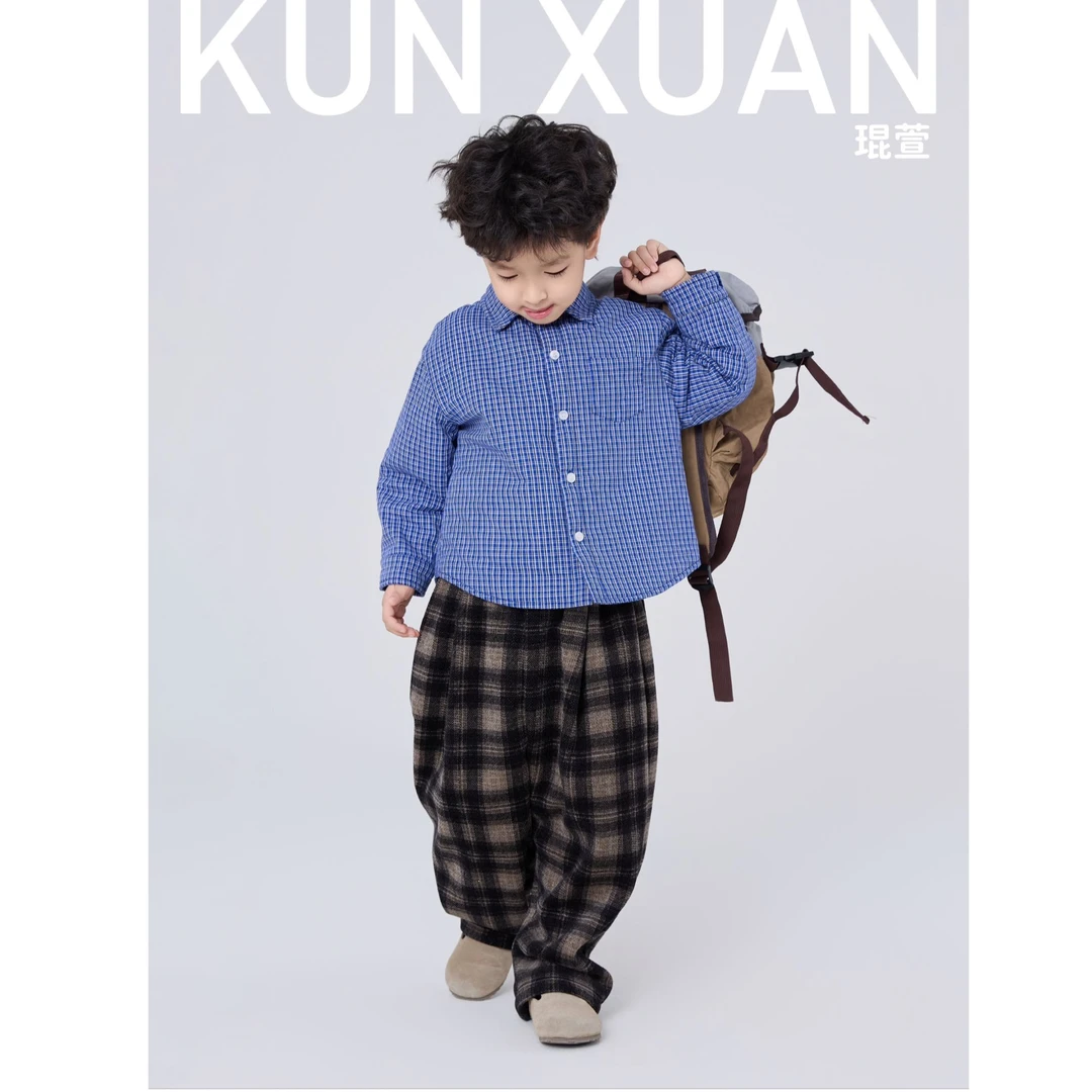 【琨萱】“miu系男孩”2024冬款男童miu系风夹棉格子衬衫AU57S071
