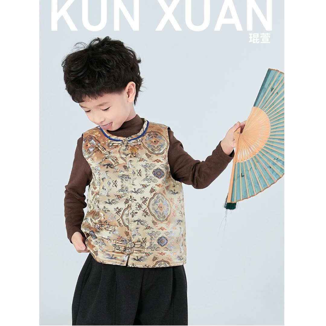 【琨萱】“鹤鹿同春”冬款新中式国风织锦缎宝相花夹棉马甲 AU57S055