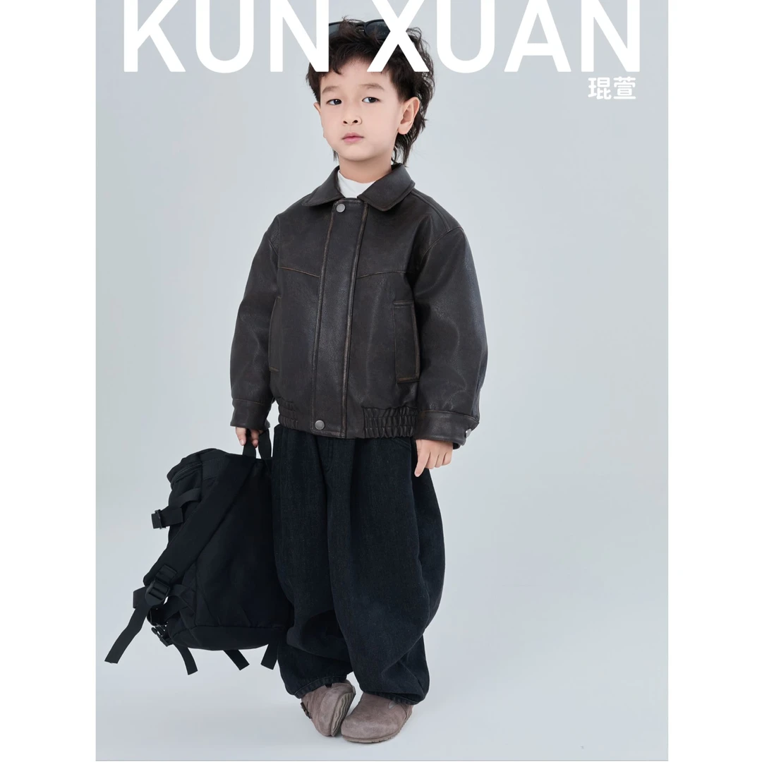 【琨萱】“机车男孩”冬款男女童美式做旧加厚夹棉皮衣外套  AU57S059