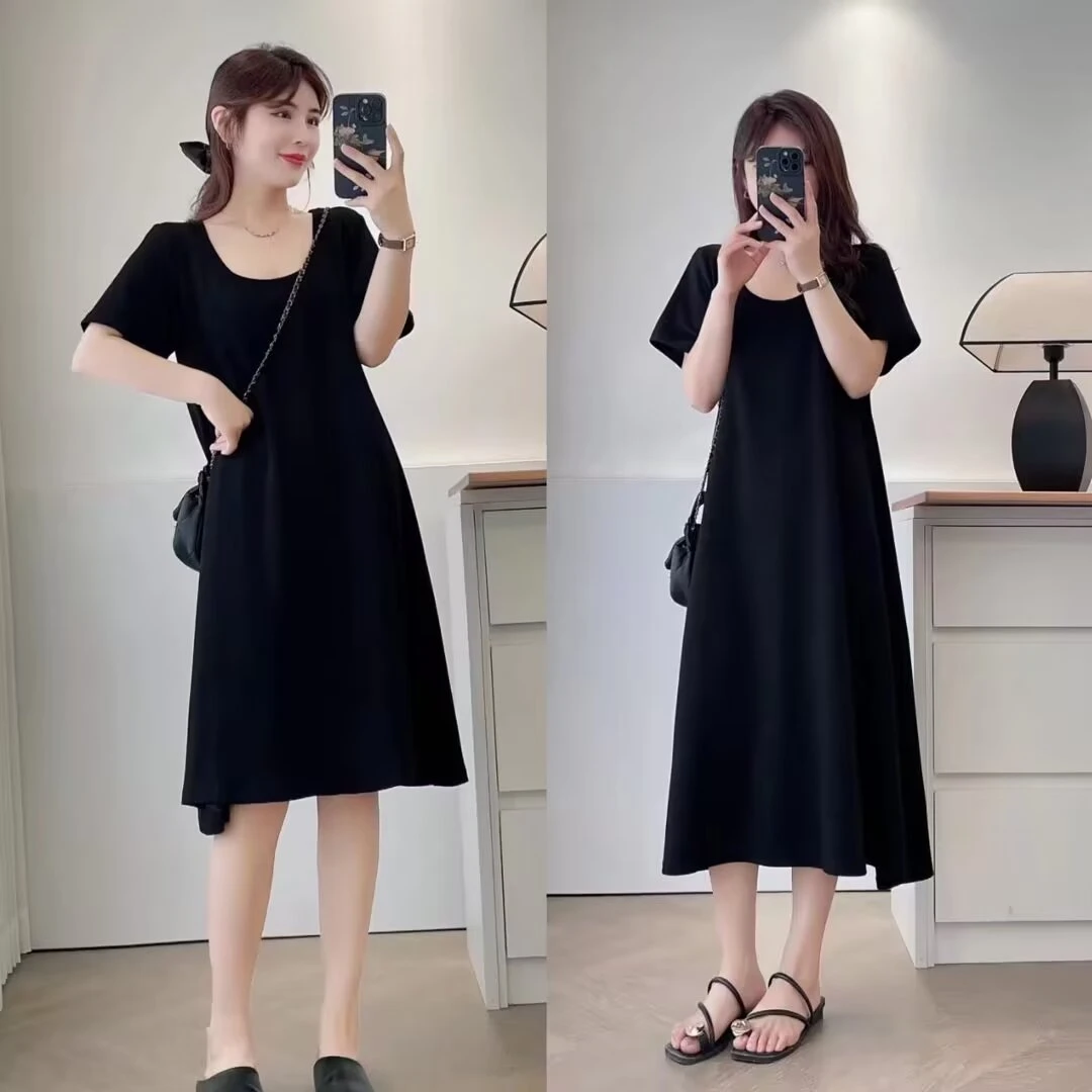 胖妹妹大码气质方领黑色短袖连衣裙女夏季胖mm宽松显瘦长款小黑裙
