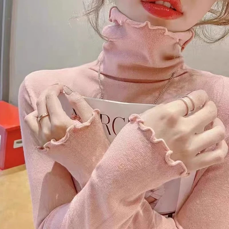 法式木耳边高领打底衫女2025秋冬新款百搭修身显瘦内搭毛衣针织衫