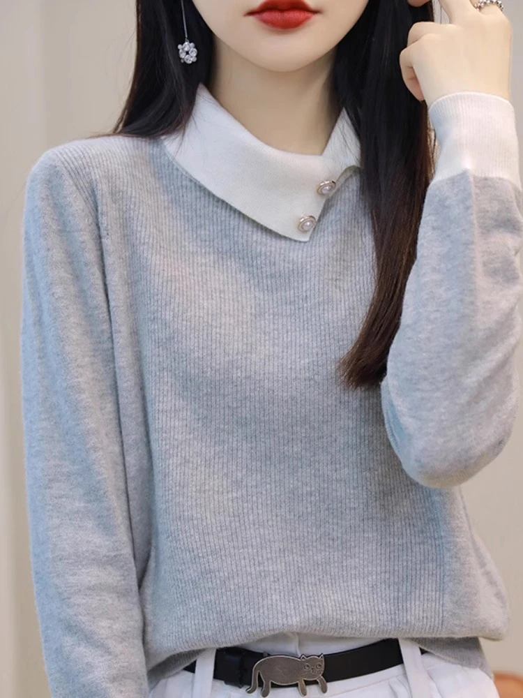 法式温柔风撞色翻领毛针织衫上衣2024秋冬新款小众洋气内搭打底衫