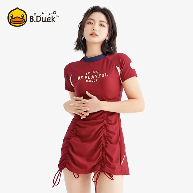 B.Duck连体泳衣女显瘦遮肚高级感度假新款学生裙式泡温泉游泳衣