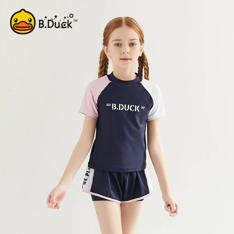 B.Duck平角女童泳衣夏季青少年分体专业保守2024新款女童游泳衣