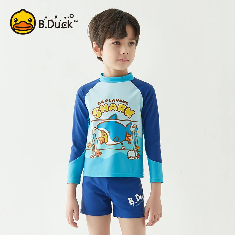 B.Duck小黄鸭分体儿童泳衣长袖防晒夏季速干平角中大童男宝游泳装
