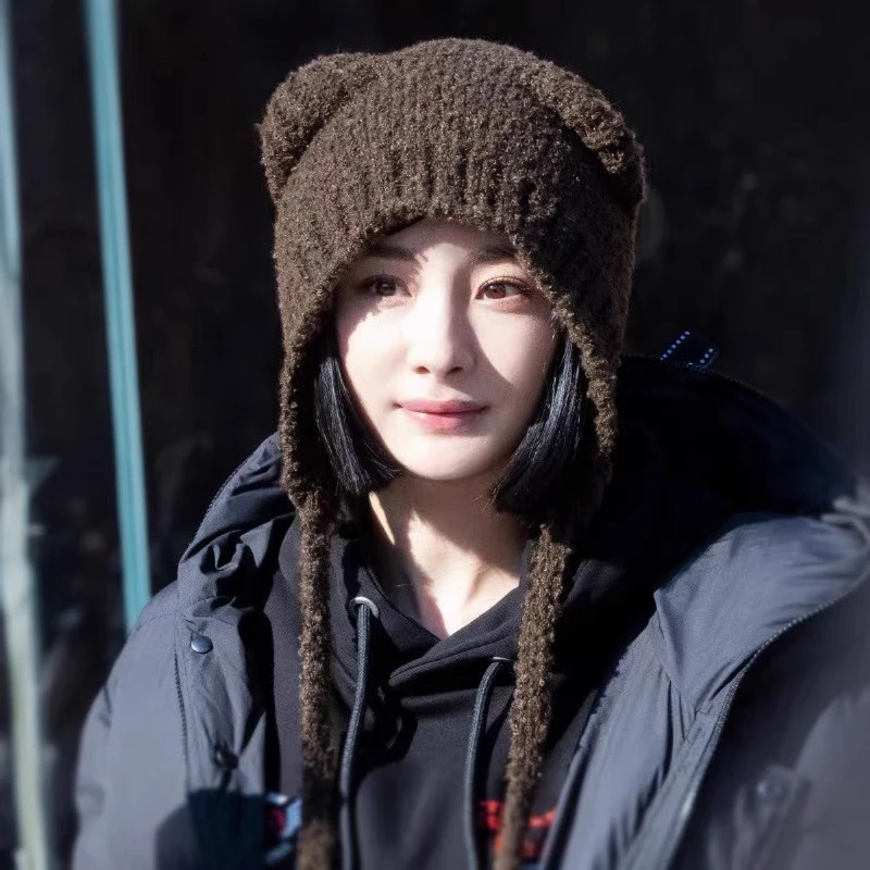 杨幂同款小熊帽子秋冬保暖护耳帽简约可爱针织毛线帽大头围套头帽