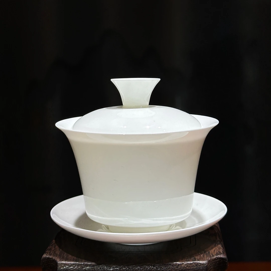 潮州薄胎高骨瓷手工马蹄盖碗纯白简约家用茶盖碗防烫三才盖碗