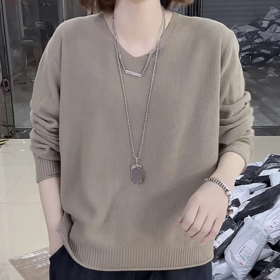 大码女装韩版遮肚子显瘦短款针织上衣女宽松V领长袖套头百搭毛衣