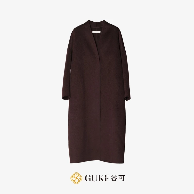 GKE/谷可S1202无领茧型毛呢大衣女2024秋冬气质长款双面羊毛外套
