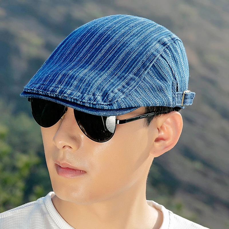 帽子男士夏天户外百搭鸭舌贝雷帽时尚透气条纹画家帽棉帽报童帽男