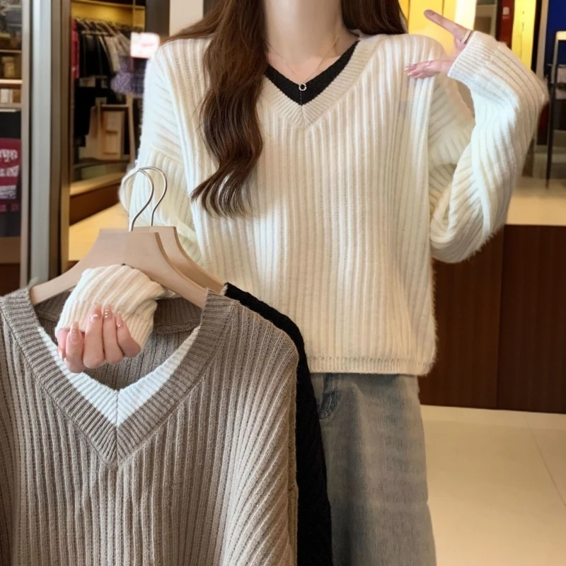 纯色简约抽绳短款毛衣女2025新款秋冬v领小个子外穿针织打底衫