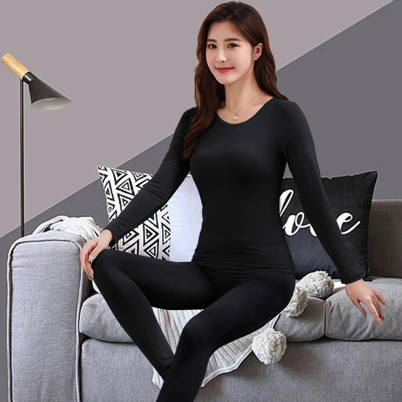 秋冬女士棉质薄款保暖内衣套装中领打底衫莱卡棉秋衣秋裤中年黑色