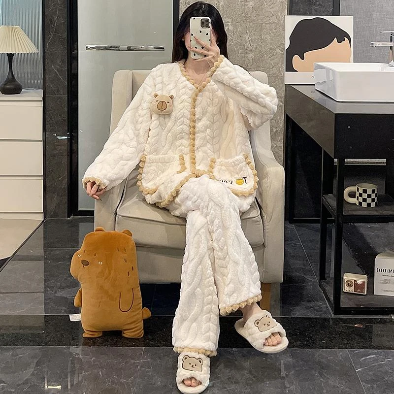 卡通可爱ins睡衣女新款秋冬季珊瑚绒韩系学生加厚保暖家居服套装