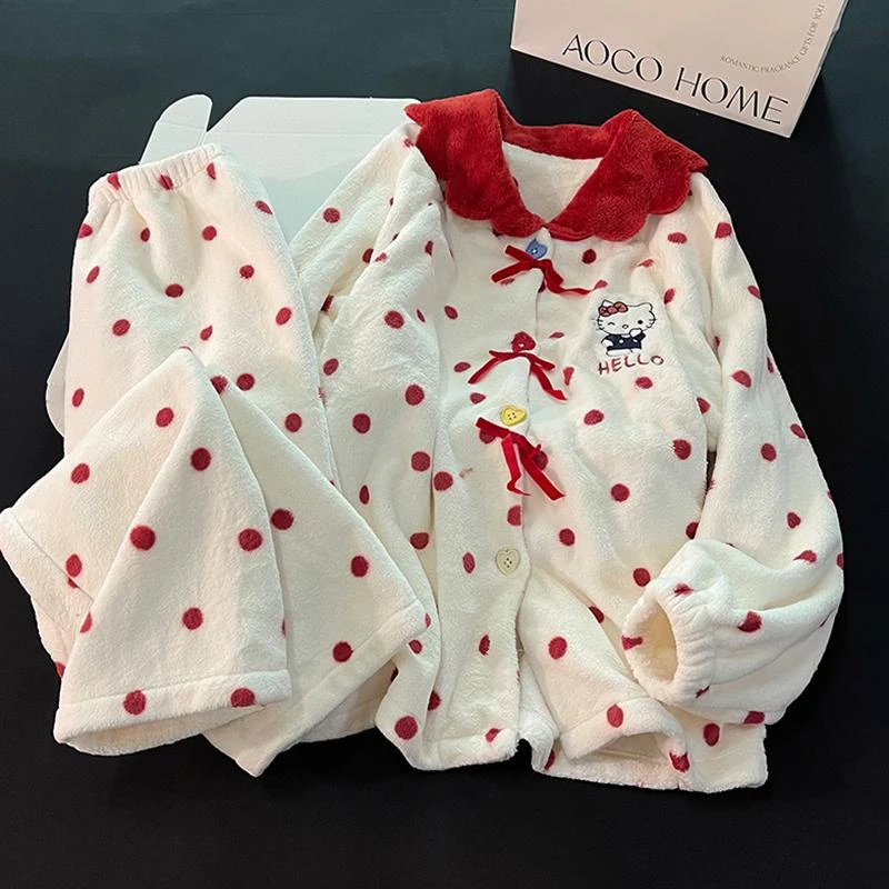 日系加绒加厚睡衣女冬季珊瑚绒保暖粉色波点可外穿家居服新款套装