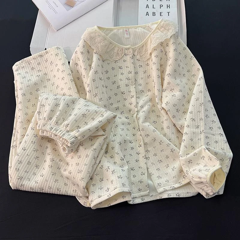 空气棉夹层睡衣女秋冬季加厚保暖甜美小碎花舒适可外穿家居服套装