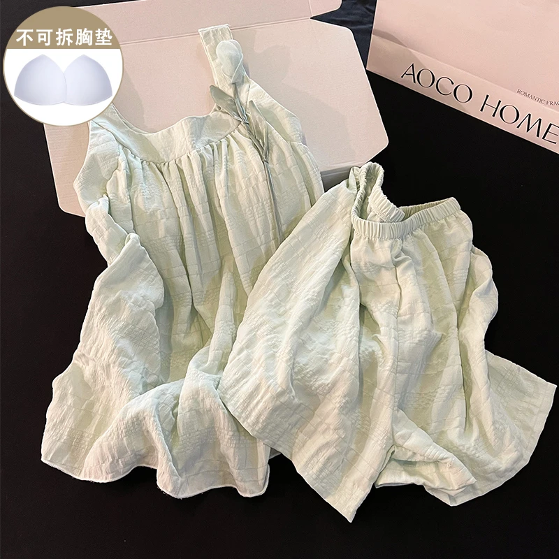 韩系ins带胸垫睡衣女夏季棉质薄荷绿吊带性感甜美花朵薄款家居服