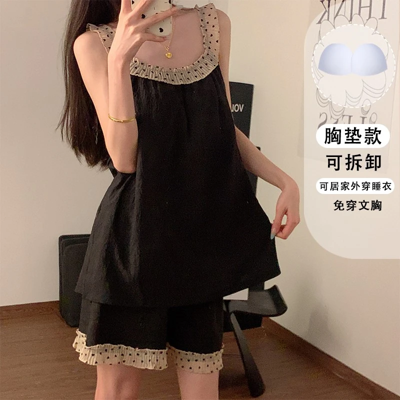 高级感睡衣女夏季棉质带胸垫吊带短裤黑色波点简约花边甜美家居服