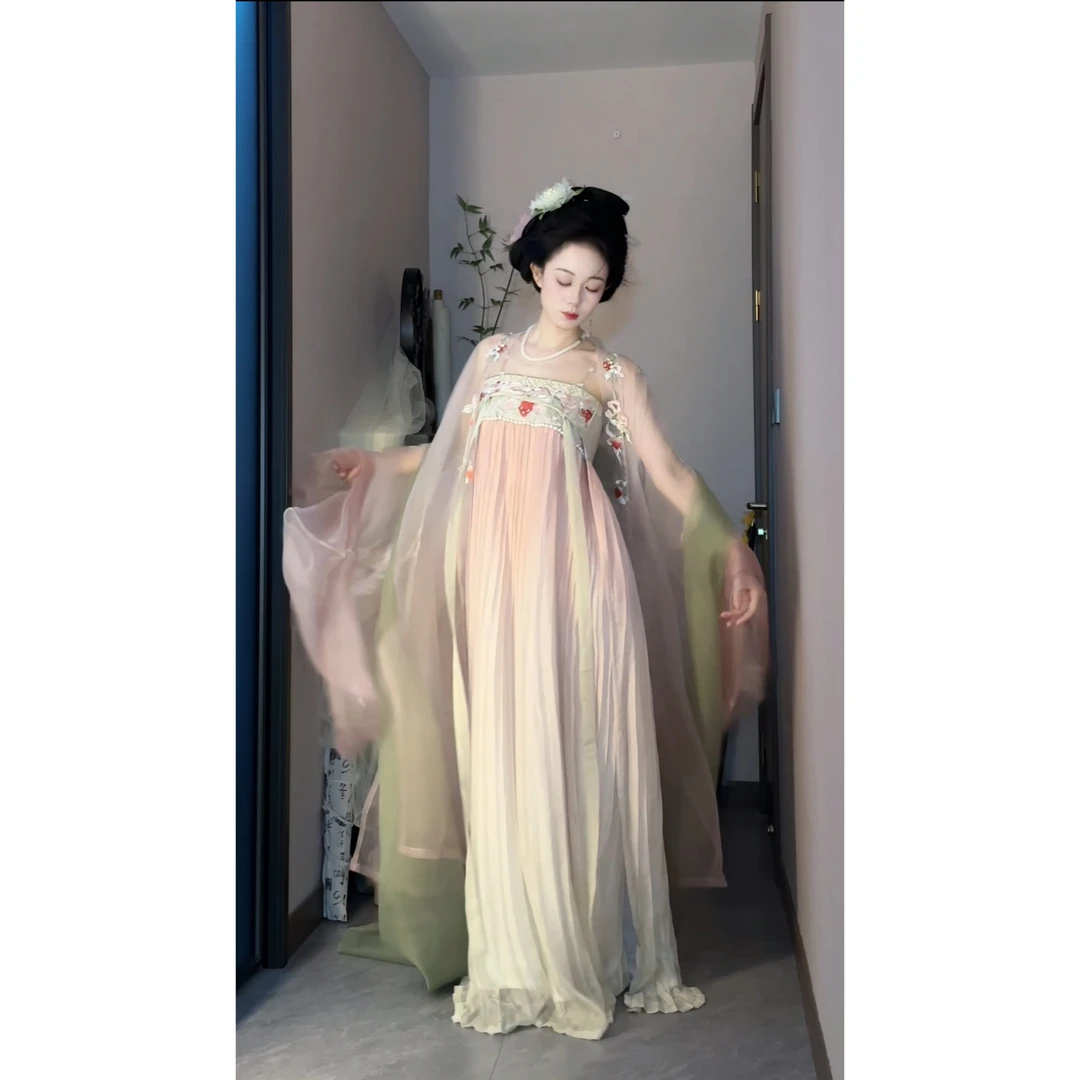 【从漓声】粉绿齐胸大袖草莓绣花原创汉服春夏秋套装
