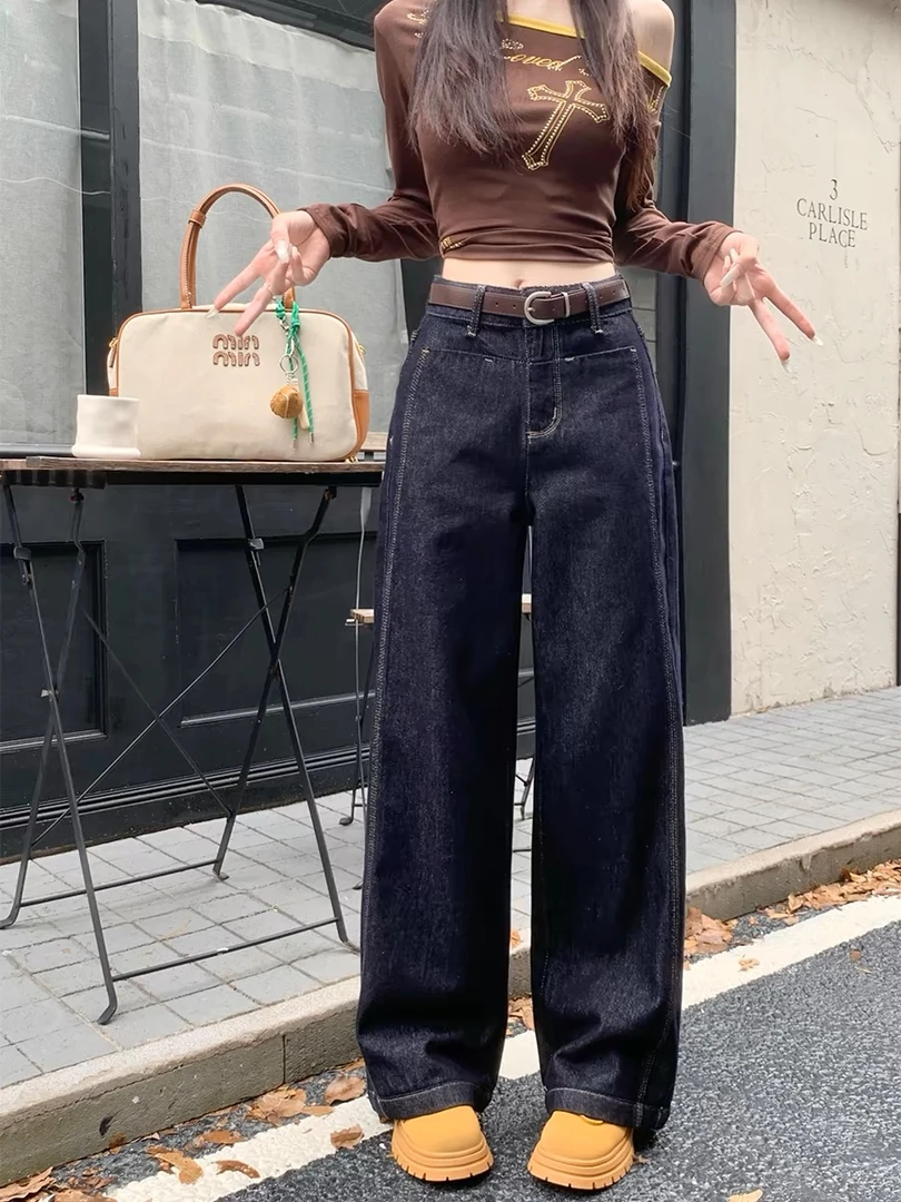 【复古丹宁色】宽腰美式阔腿牛子裤高腰宽松显瘦直筒打底衫女内搭