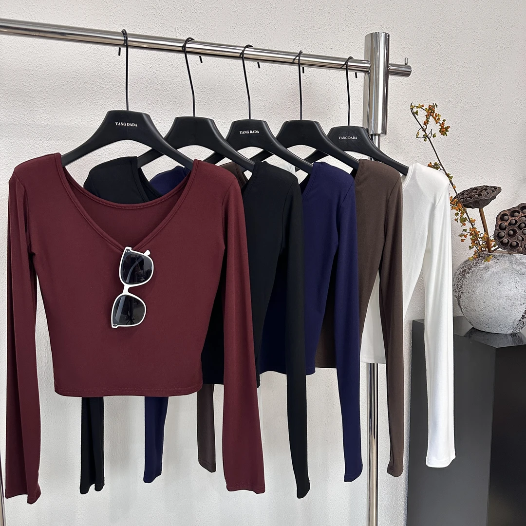 【两面穿】带垫肩长袖辣妹V领女上衣秋冬新款内搭打底衫女内搭