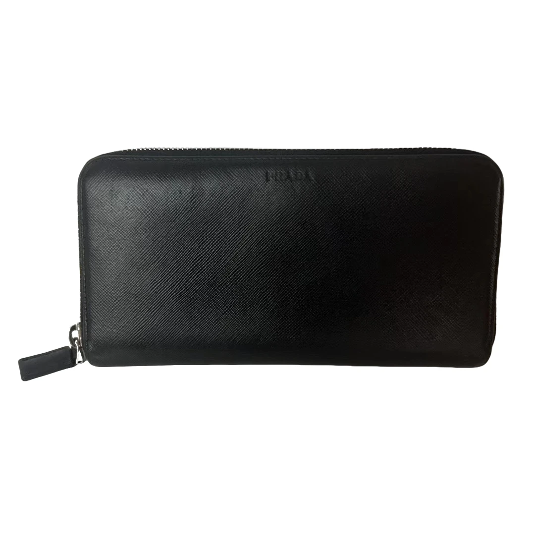 95新 Prada/普拉达 普拉达经典黑色全皮拉链钱包（966600）