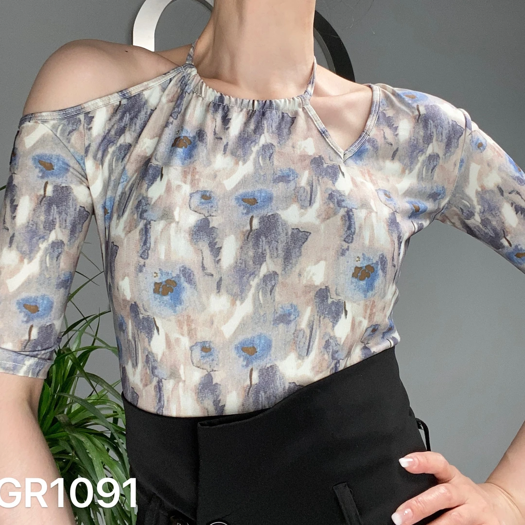 GR1091花色不规则挂脖上衣摩登舞国标舞