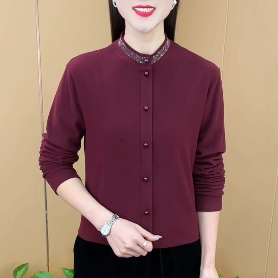 2024冬季爆款【加厚德绒】时尚简约大气圆领烫钻宽松型保暖打底衫