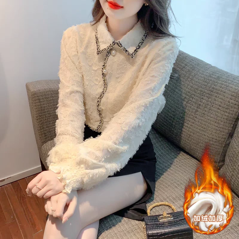 6180法式加绒加厚蕾丝衬衫女装秋冬内搭打底小衫洋气别致长袖上衣