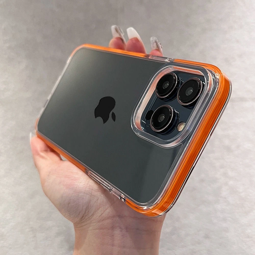 高级感橙色四角气囊适用苹果15手机壳iPhone14promax透明不发黄硬