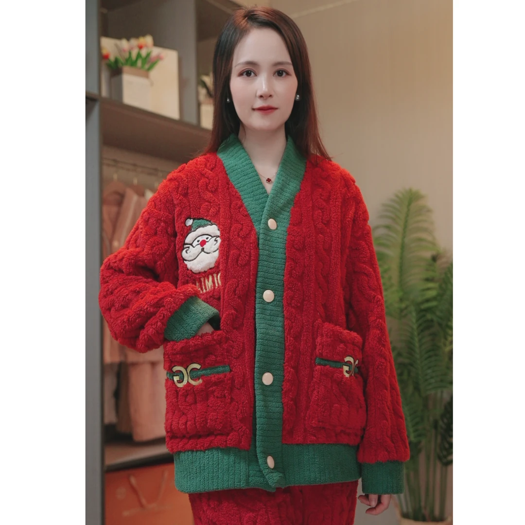 圣诞恋歌 睡衣女秋冬珊瑚绒加厚加绒保暖家居服