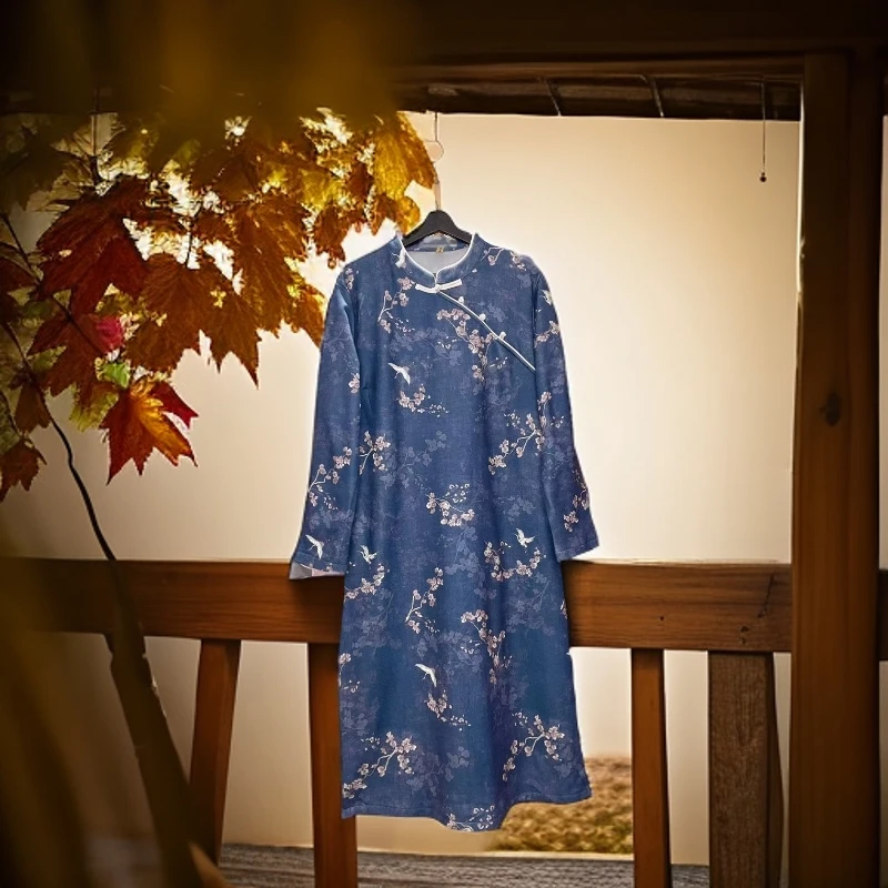 梅花香-秋冬加绒加厚复古旗袍气质女装中国风宽松袍子