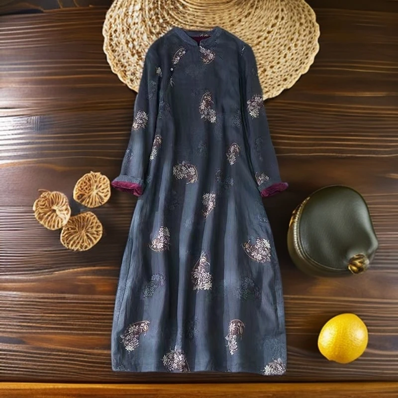 花团锦簇-秋冬加绒加厚复古旗袍气质女装中国风宽松袍子