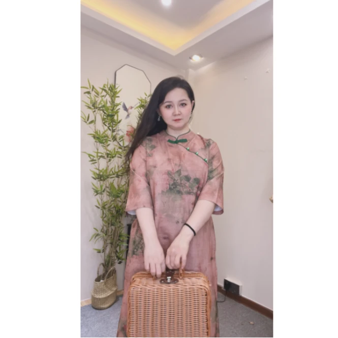 出水芙蓉 夏中式连衣裙女中国风高档大码印花改良旗袍中长裙子001